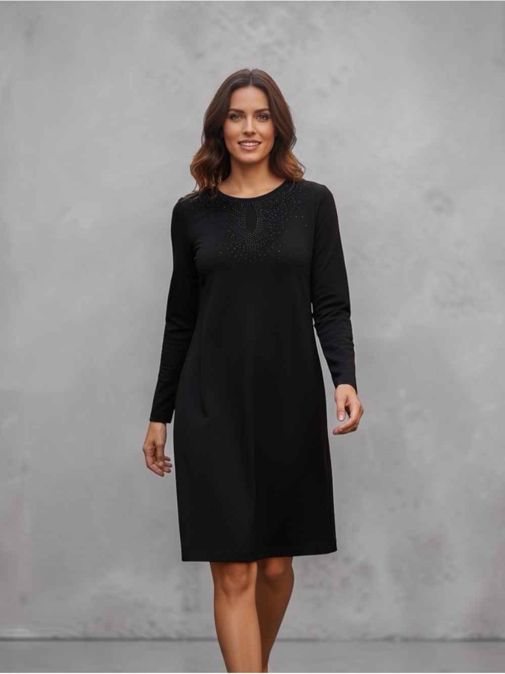 Calvin Klein Black Long-Sleeve Crewneck Dress with Neckline Accents